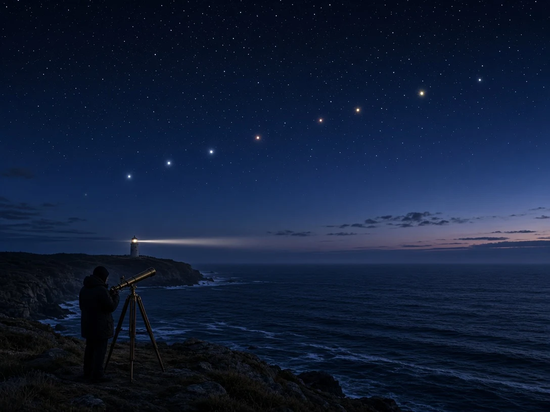 Astronomer with Refractor Telescope Under Morning Planetary Arc