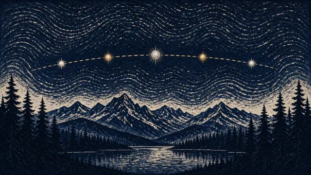 Handmade Relief Linocut of Planetary Alignment Over Horizon
