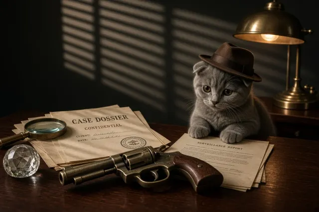 Film Noir Detective Scottish Fold with Vintage Brass Novelty Prop