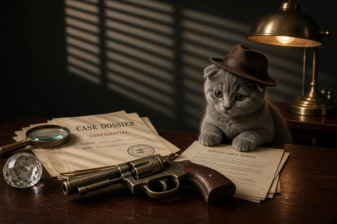 Film Noir Detective Scottish Fold with Vintage Brass Novelty Prop