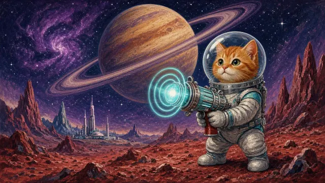 Retro Pulp Sci-Fi Tabby Astronaut with Concentric Glass Raygun