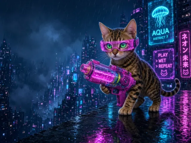 Cyberpunk Bengal Kitten with Translucent Neon Water Blaster
