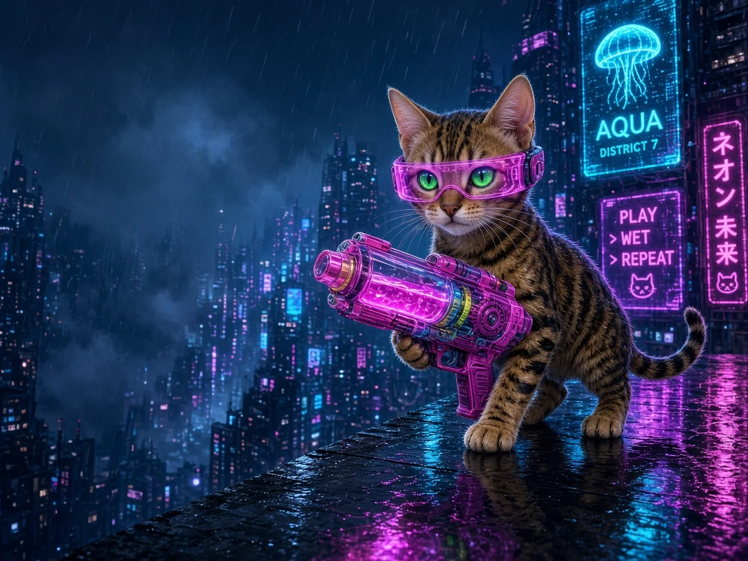 Cyberpunk Bengal Kitten with Translucent Neon Water Blaster
