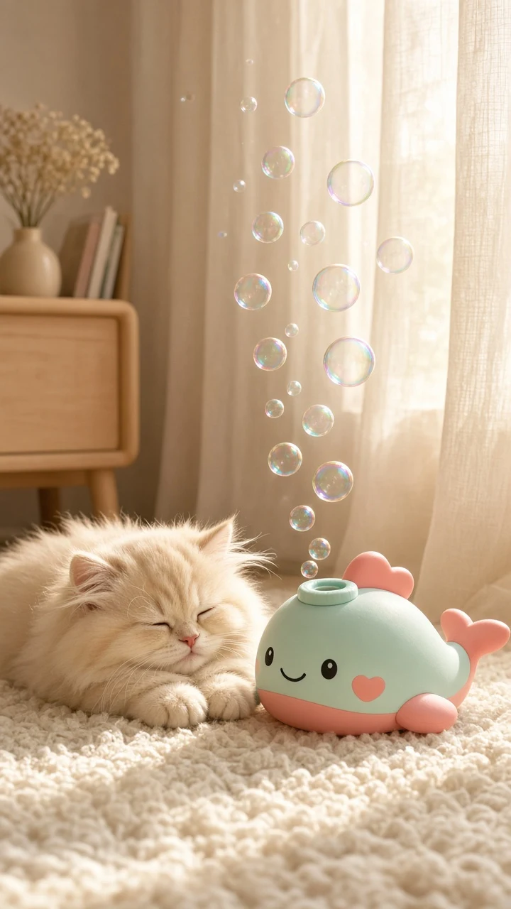 Sunny Nursery Persian Kitten Napping Beside Bubble Blaster Dispenser