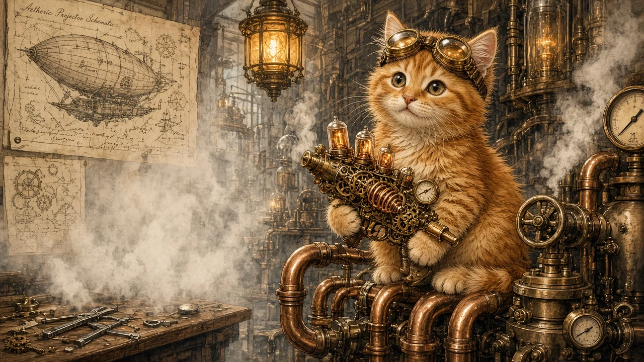 Steampunk Ginger Inventor Kitten with Clockwork Pressure Gadget