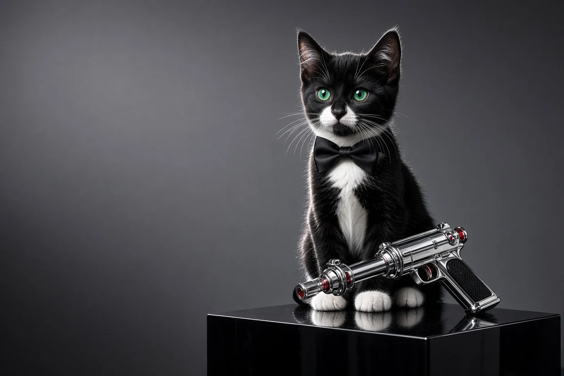 Secret Agent Tuxedo Kitten Beside Glossy Chrome Gadget Prop
