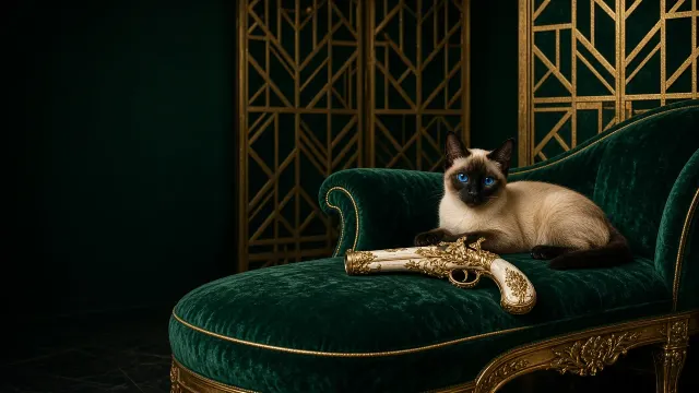 Art Deco Editorial Siamese Kitten with Gilded Wooden Stage Prop
