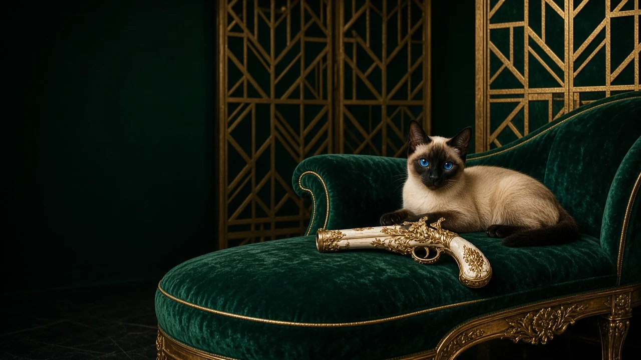 Art Deco Editorial Siamese Kitten with Gilded Wooden Stage Prop