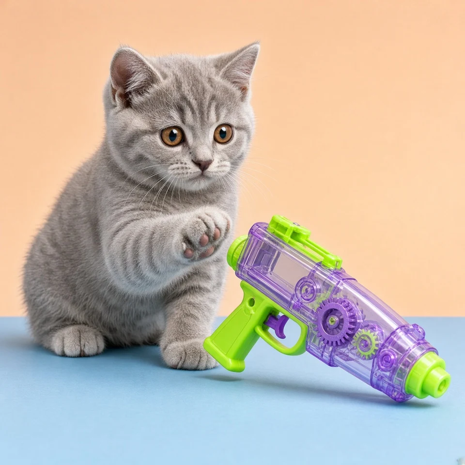 Playful British Shorthair with Translucent 1990s Water Pistol