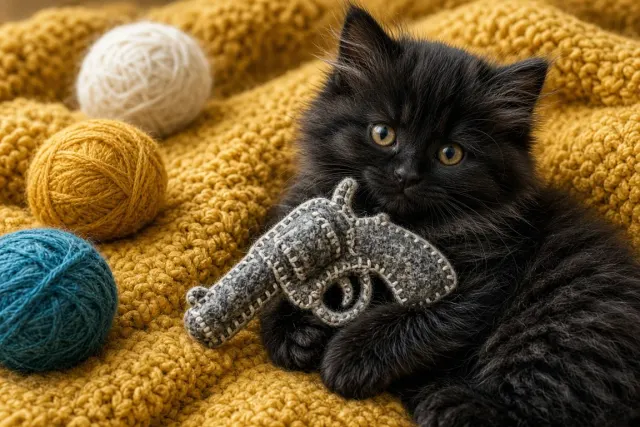 Tactile Felt-Stitched Black Kitten Playing with Plush Toy Pistol