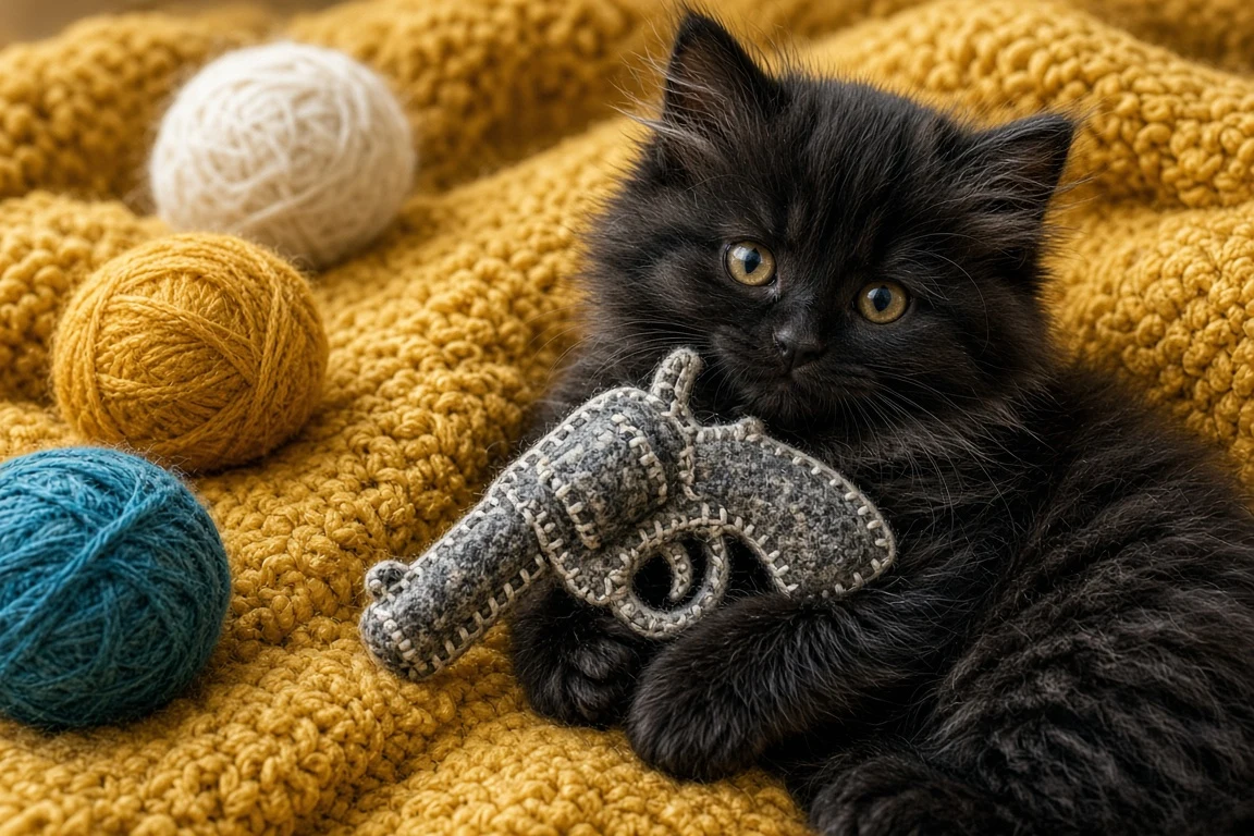 Tactile Felt-Stitched Black Kitten Playing with Plush Toy Pistol