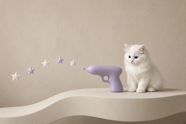 Minimalist Pastel Ragdoll Kitten Beside Ceramic Origami Star Prop
