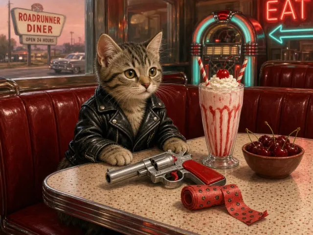 Retro 1950s American Diner Tabby Kitten with Roll-Cap Toy Gun