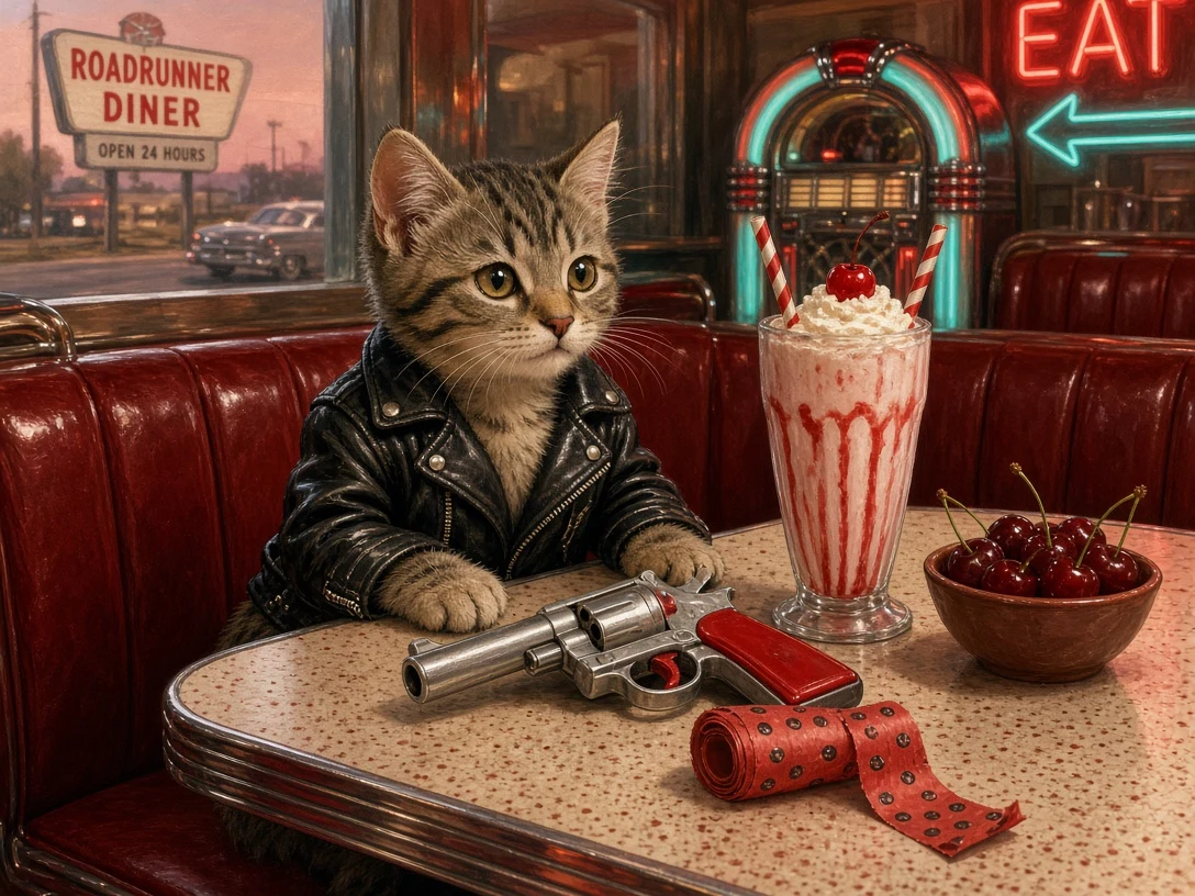 Retro 1950s American Diner Tabby Kitten with Roll-Cap Toy Gun
