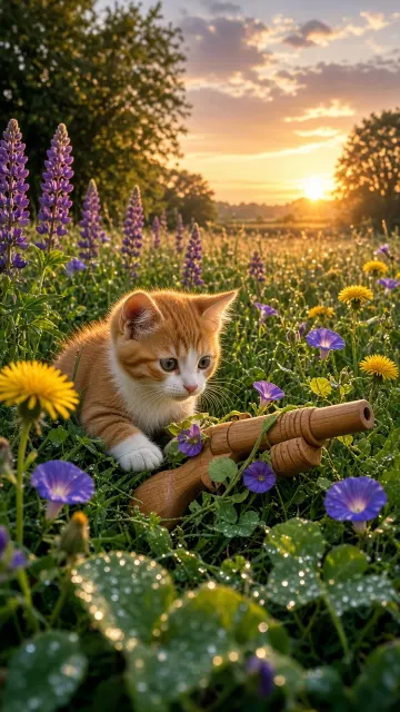 Golden Meadow Sunset Farm Kitten Stalking Around Carved Popgun