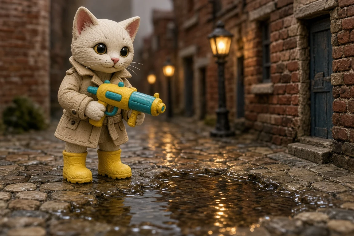 Claymation Detective Kitten with Polymer Clay Water Squirt Gun