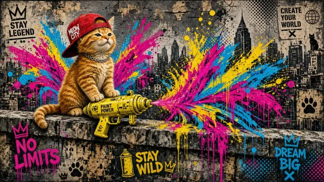 Urban Street Art Rooftop Ginger Kitten with Spray Nozzle Gadget