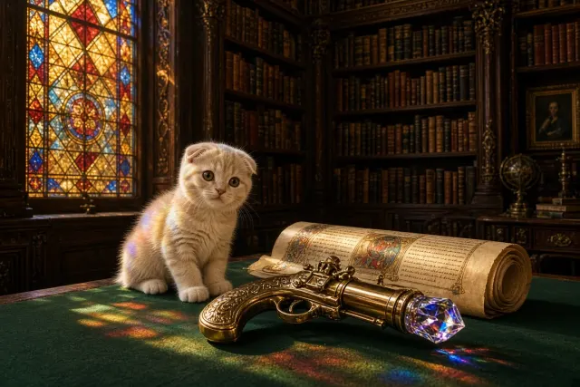 Antique Library Scottish Fold with Brass Kaleidoscope Dueling Prop