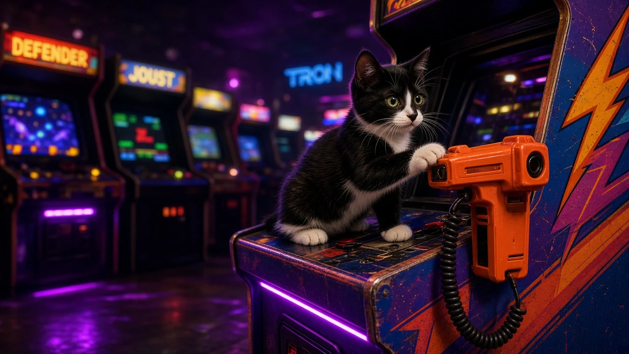 Arcade Hall Tuxedo Kitten with Tethered Plastic Light-Gun Controller