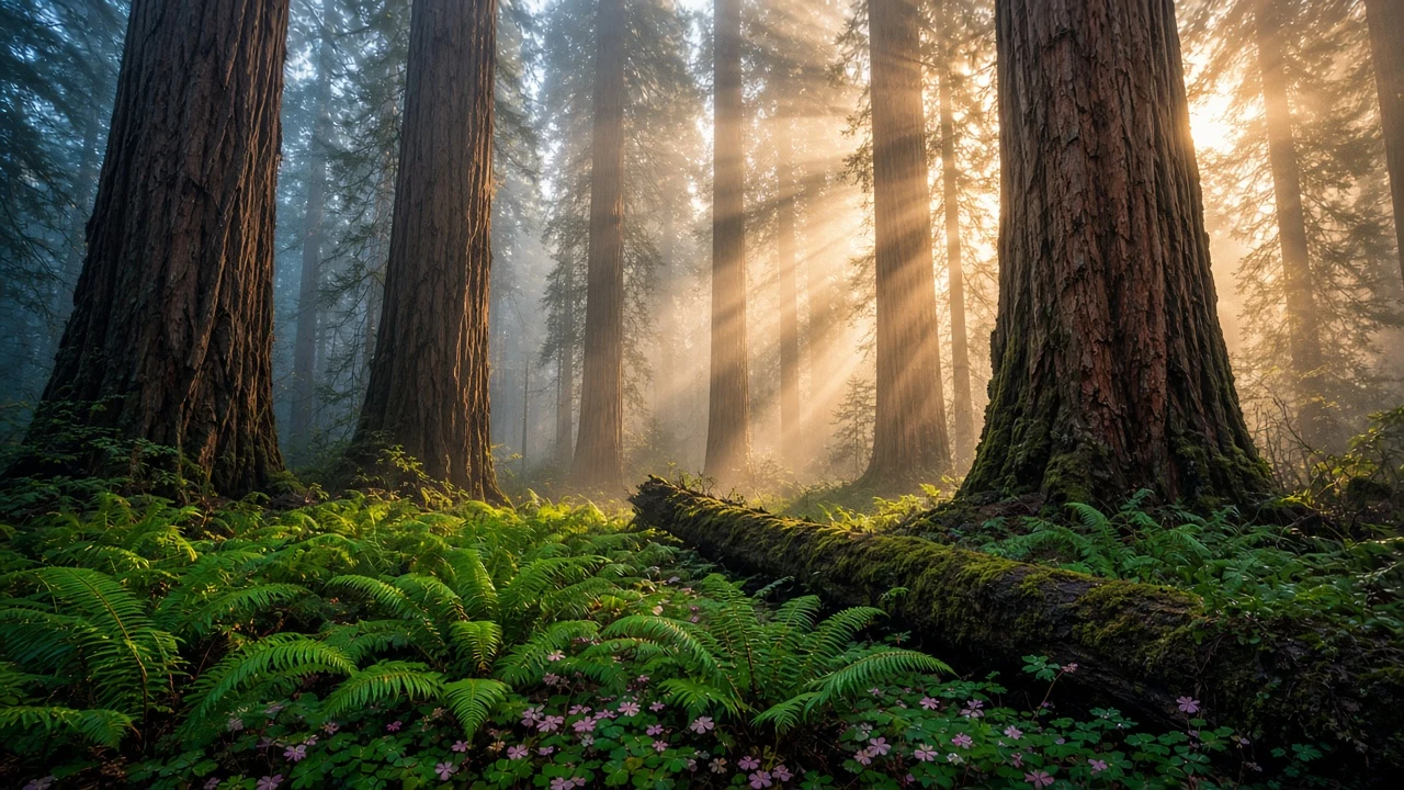 Sunlit Emerald Cathedral of Ancient Coastal Redwoods