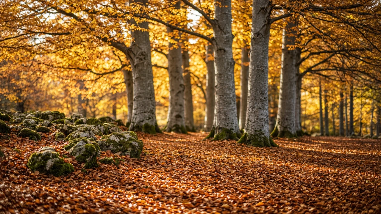 Golden Autumn Beech Forest with Silver Trunks