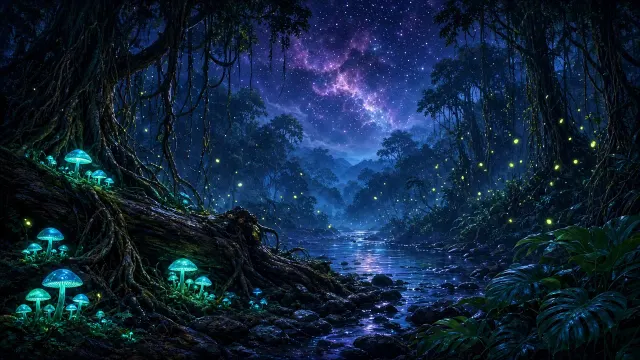 Bioluminescent Night Fall in an Ancient Subtropical Jungle