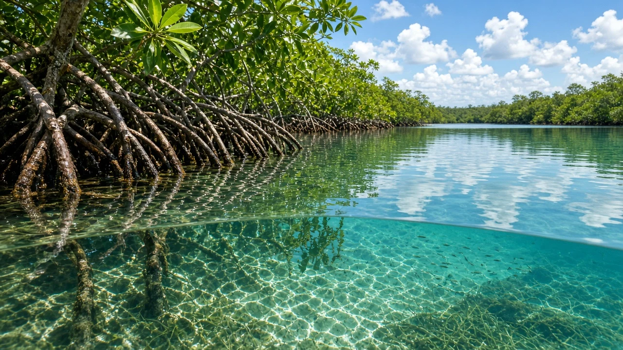 Tangled Stilt Roots of Mangrove Forest at High Tide
