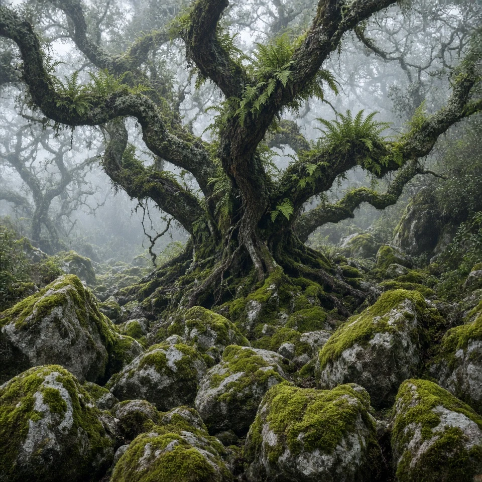 Moss-Draped Dwarf Oaks of Wistman's Primordial Wood
