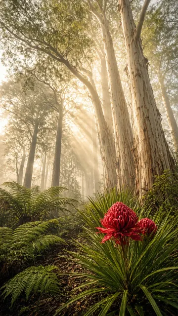 Towering Karri Eucalyptus Reaching into Sunlit Mist