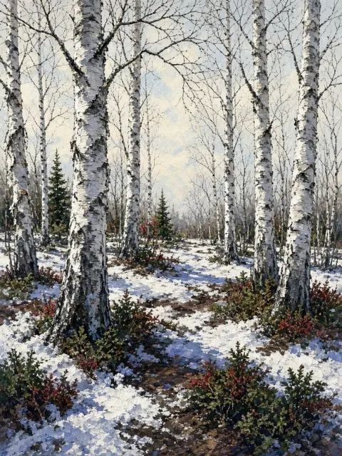 Nordic Spring Birch Woods in Textural Gouache