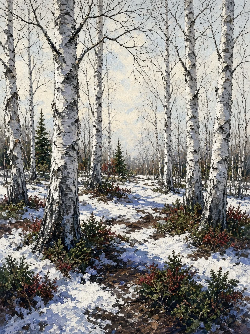 Nordic Spring Birch Woods in Textural Gouache