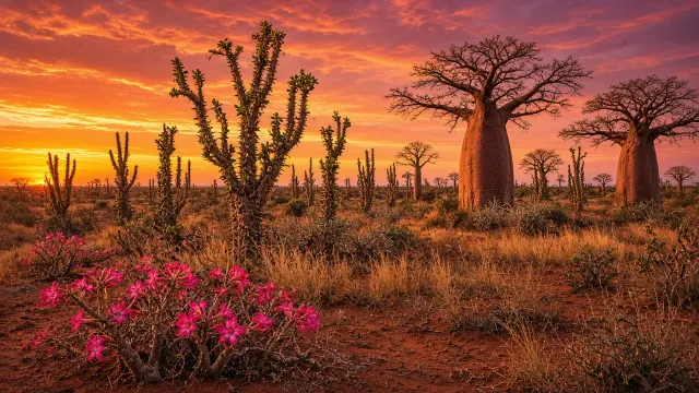 Spiny Forest Thicket and Baobabs at Sunset in Southern Madagascar