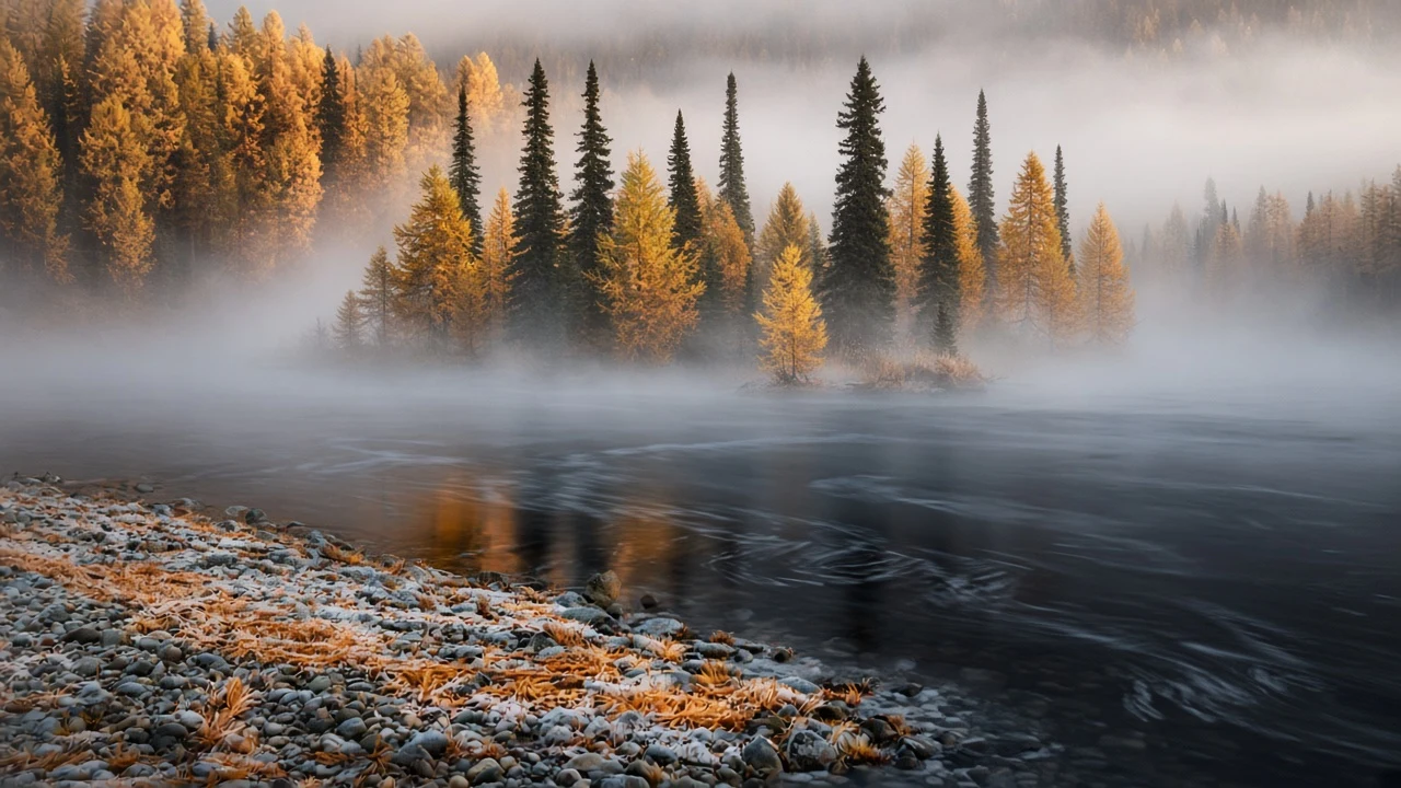 Autumn Fog Drifting Along Siberian River Cedar Grove