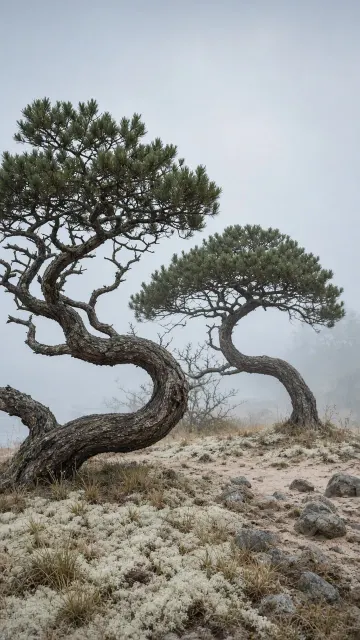 Twisted Pines of the Baltic Coast with Airy Fog Canopy