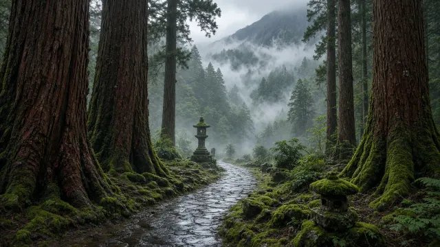Sacred Hinoki Cypress Path Shrouded in Mountain Vapour