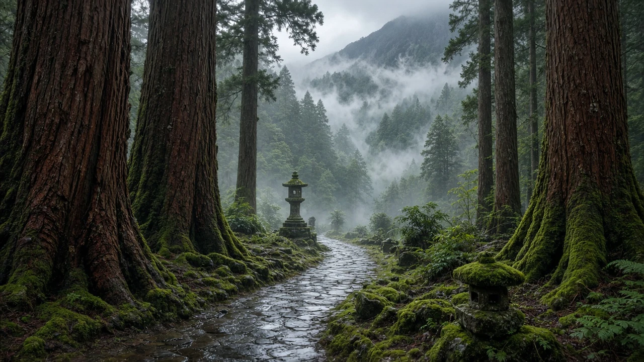 Sacred Hinoki Cypress Path Shrouded in Mountain Vapour