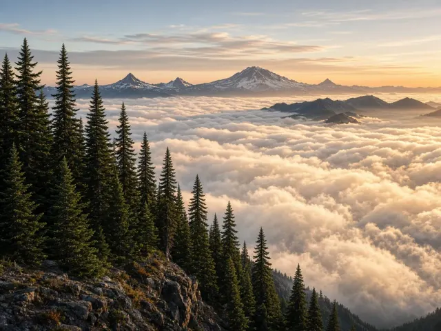 Cascades Conifer Ridge Plunging into Mountain Sea of Fog