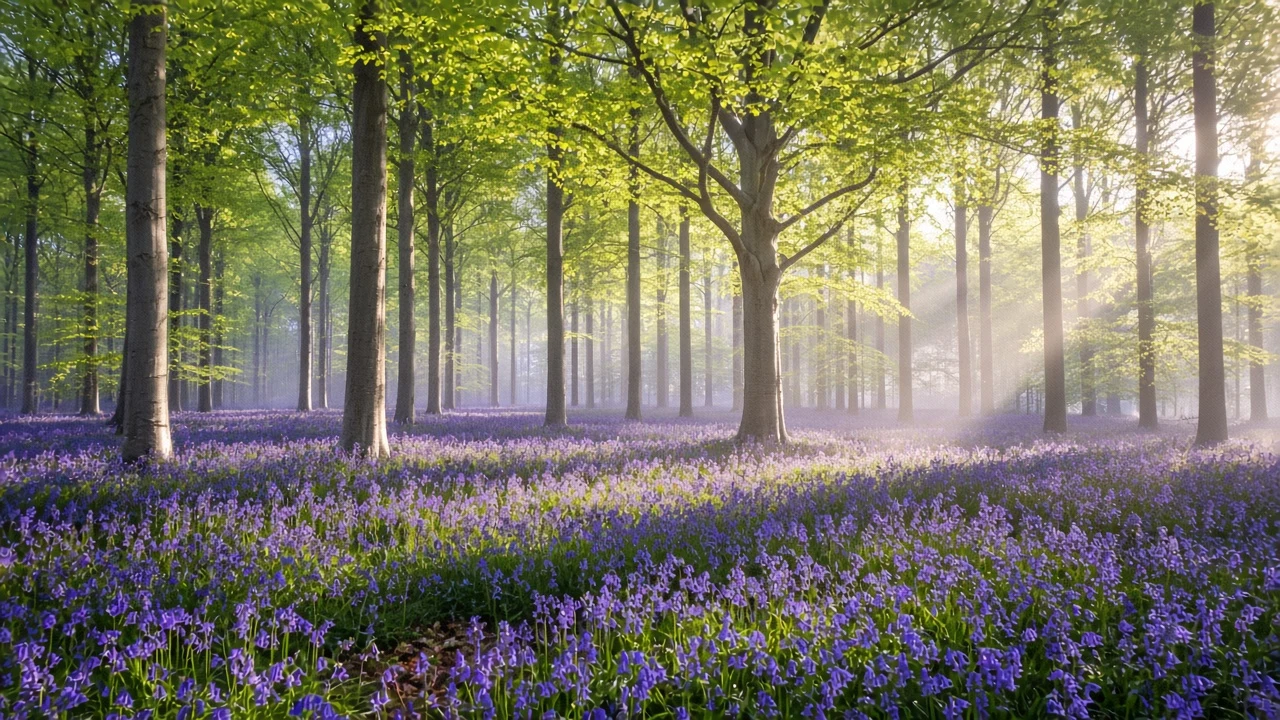 Spring Bluebell Carpet Under Fresh Beech Leaves