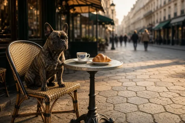 Sunlit Parisian Bistro Morning with Brindle French Bulldog