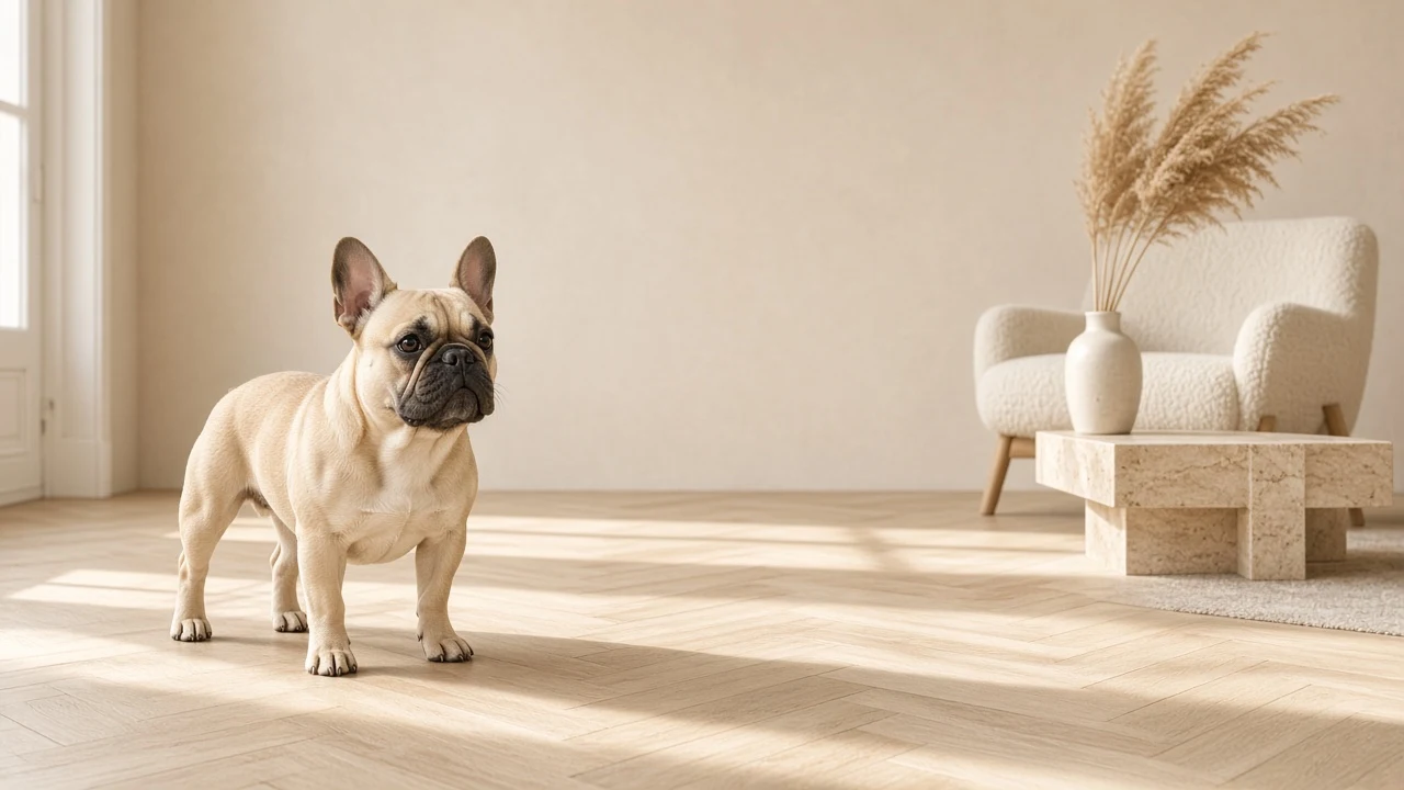 Minimalist Fawn French Bulldog in Sunlit Scandinavian Living Room
