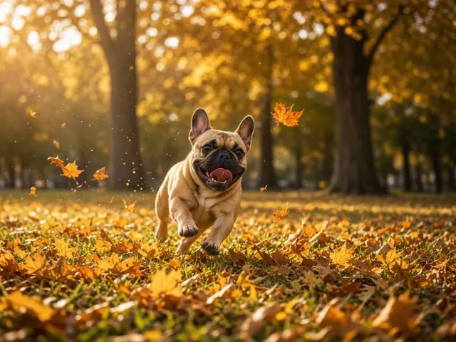Autumn Park Chase with Fawn French Bulldog Leaping Through Leaves