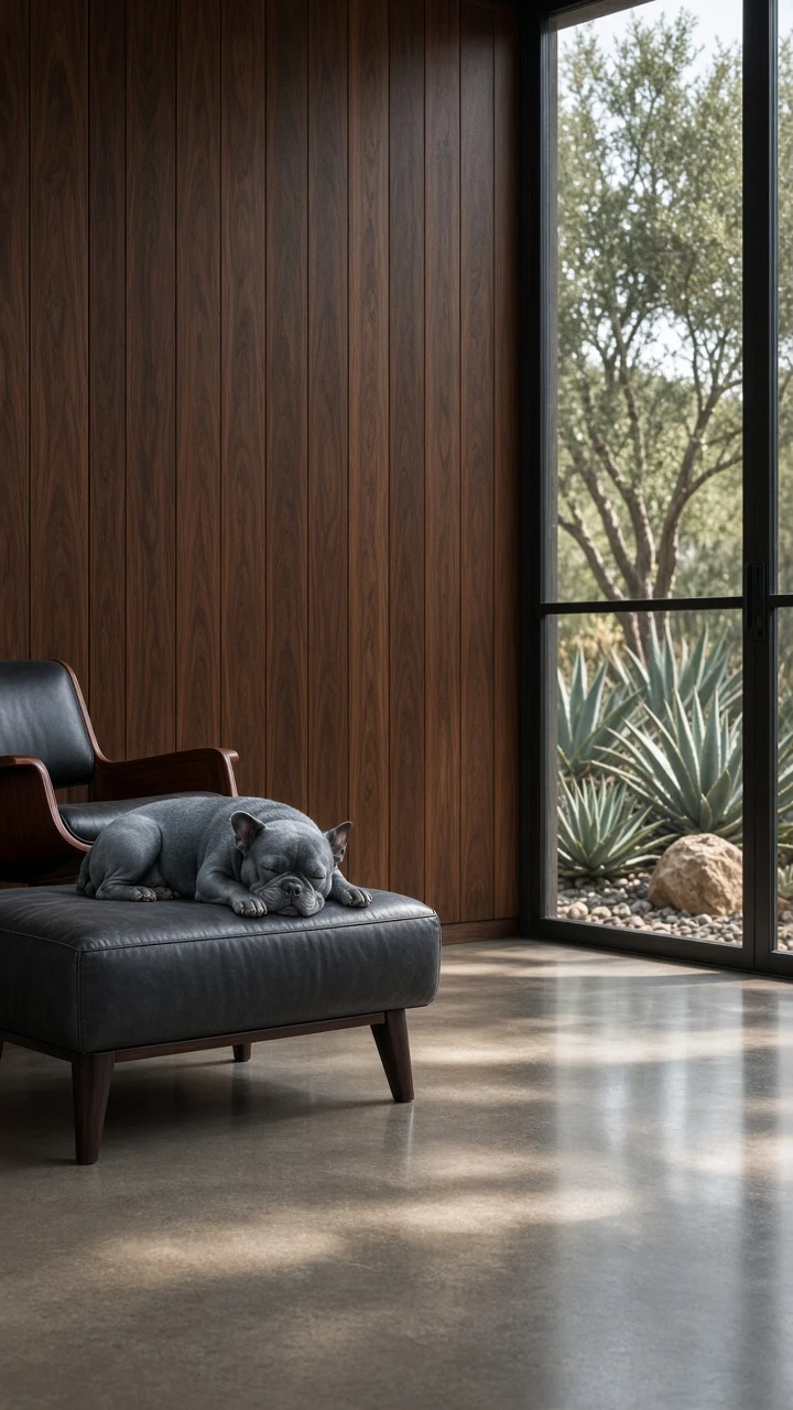 Mid-Century Modern Lounge Panoramic Featuring Relaxing Blue Frenchie