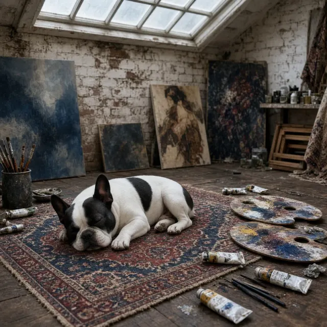Painter's Sunlit Studio Floor with Slumbering Pied French Bulldog