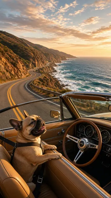 Vintage Convertible Coastal Highway Drive with Fawn Frenchie