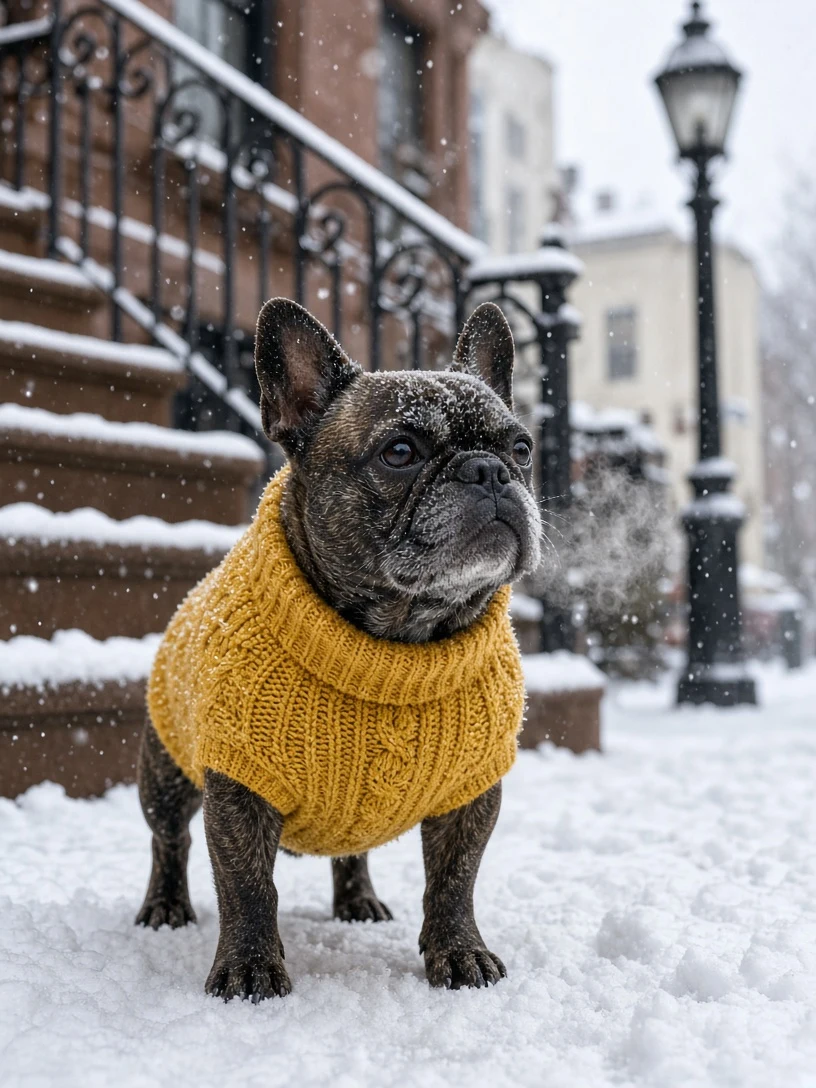 Snowy Urban Winter Morning with French Bulldog in Cable-Knit Sweater