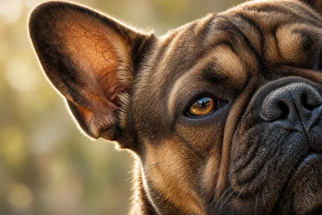 Extreme Close-Up Macro Study of French Bulldog Bat Ears and Muzzle