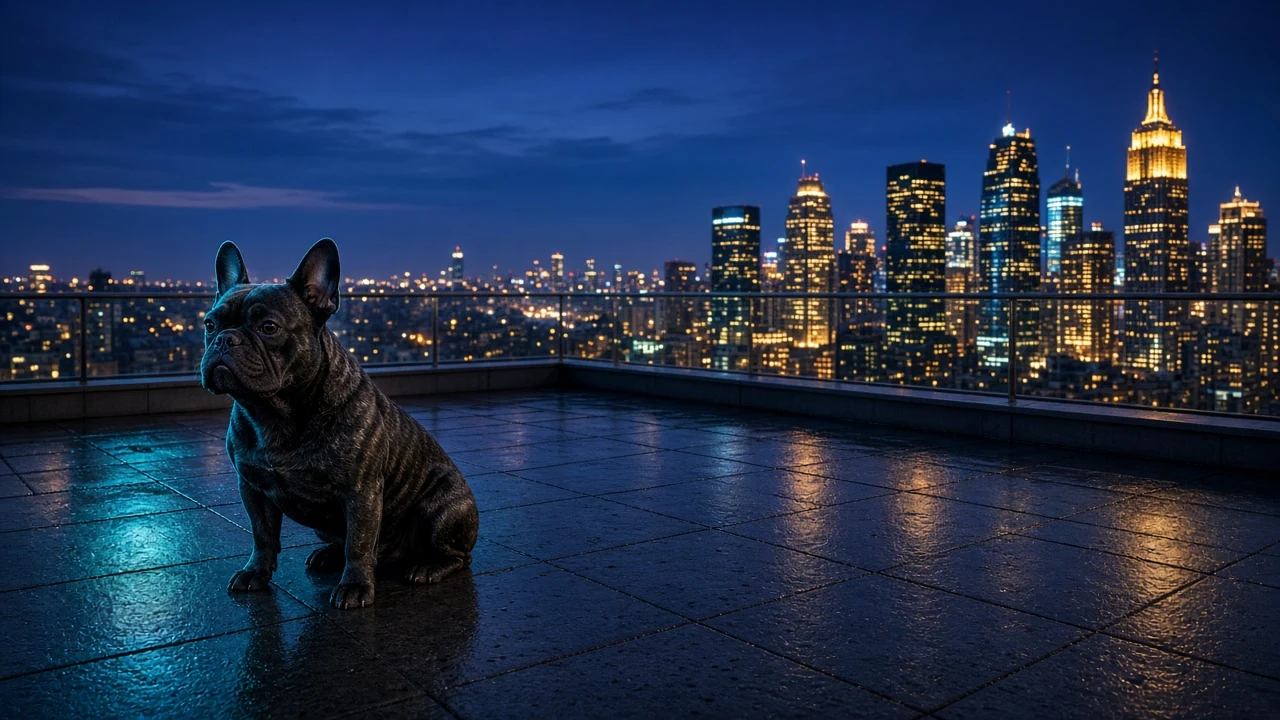 Modern Twilight City Skyline Rooftop with Seated French Bulldog