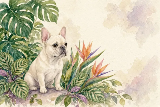 Botanical Watercolor Illustration of French Bulldog Among Exotic Flora