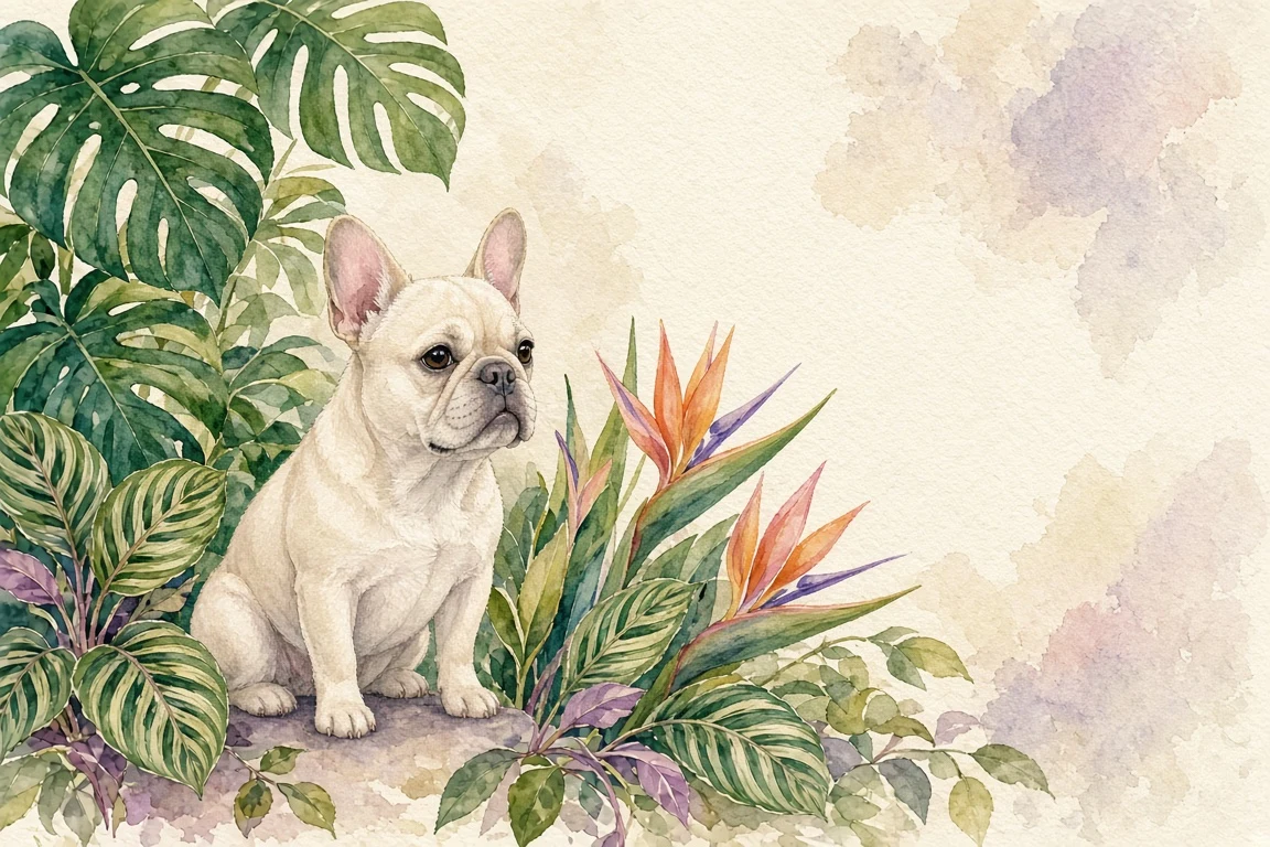 Botanical Watercolor Illustration of French Bulldog Among Exotic Flora