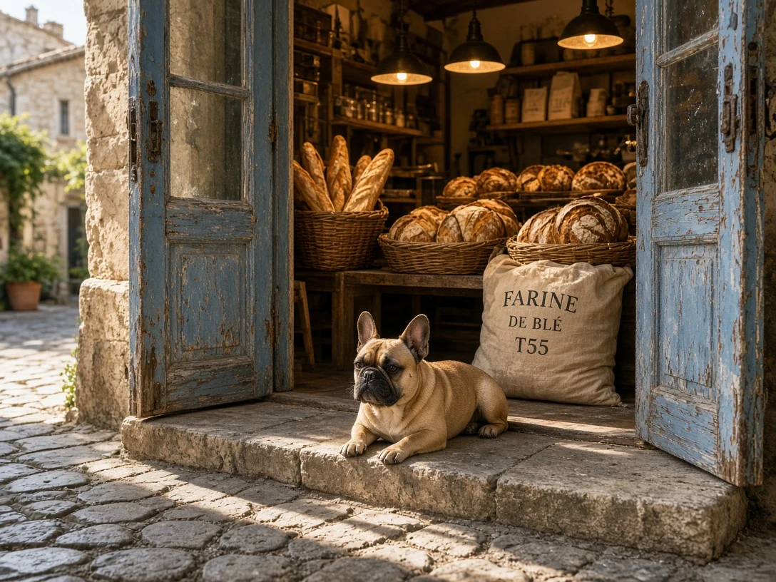 Rustic French Bakery Doorway with Fawn Bulldog in Golden Morning